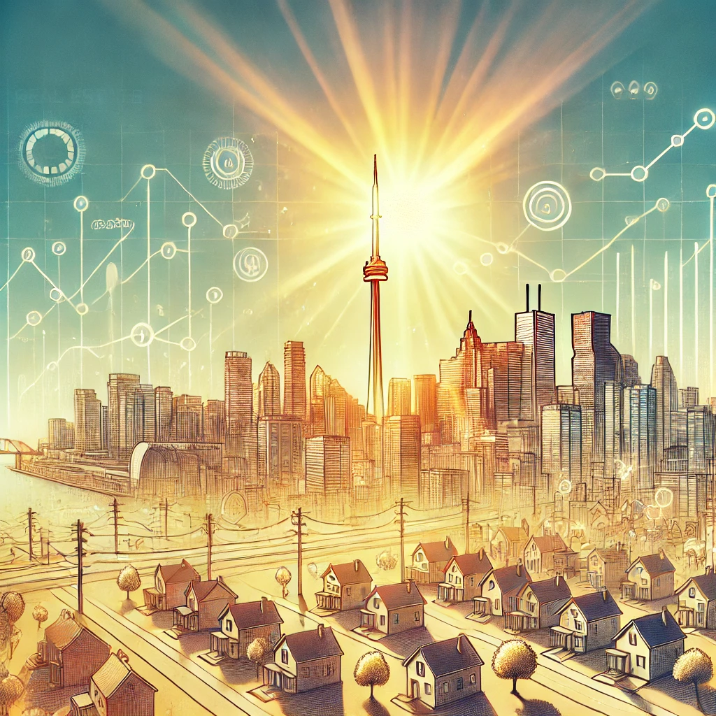 The image depicts a vibrant cityscape, likely Toronto, with the iconic CN Tower towering over the skyline. In the foreground, there is a neighborhood of single-family homes, symbolizing urban sprawl. Behind the homes, tall skyscrapers represent urban densification. The sun rises dramatically, casting light over the scene, with digital graphics, like financial charts or economic data visualizations, floating above the cityscape, implying the connection between real estate, market trends, and urban growth. The overall mood suggests a dynamic relationship between suburban and urban development under economic influences.