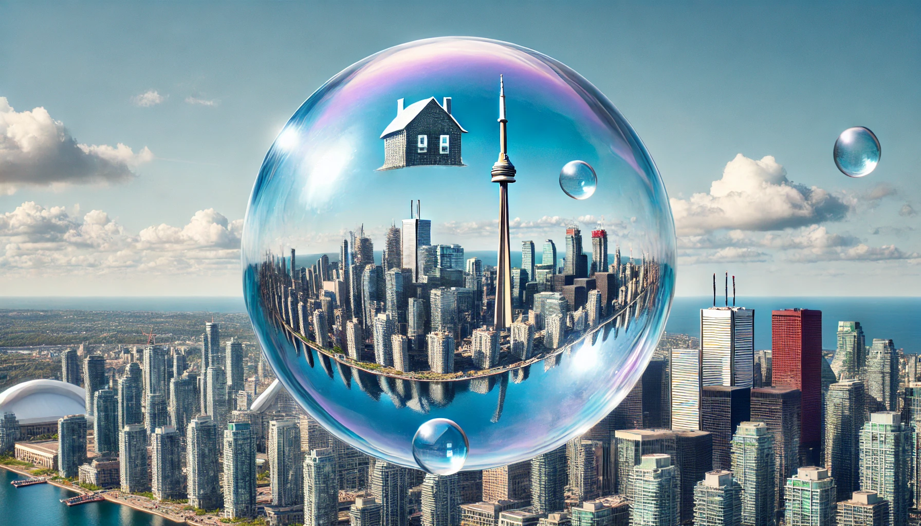Image depicting the tornoto housing bubble through a bubble with magnified backdrop of the toronto skyline and a house to signify the toronto real estate market