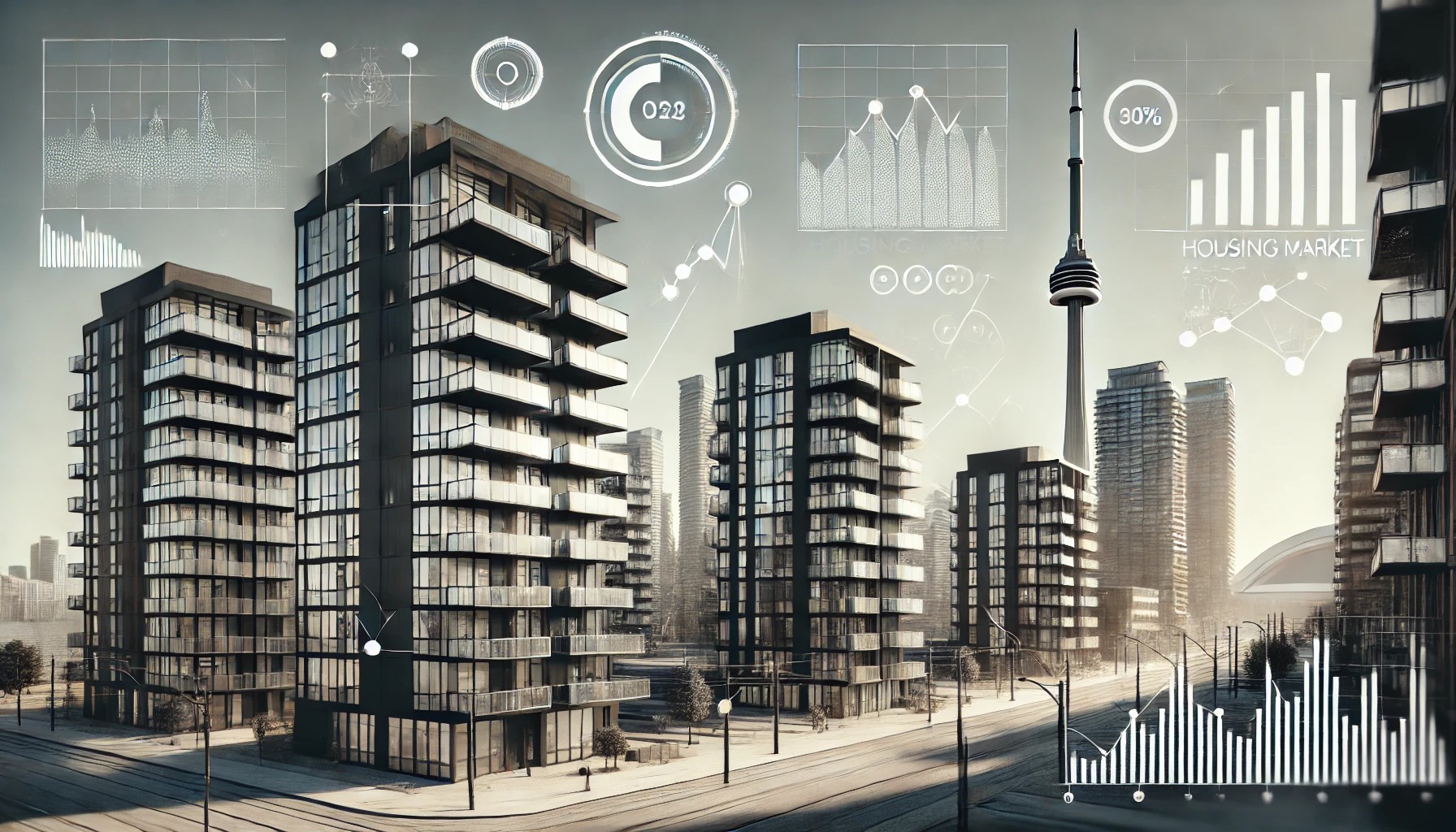 image with real estate backdrop and generic stats conveying the TRREB market report insights 2024 for toronto housing market