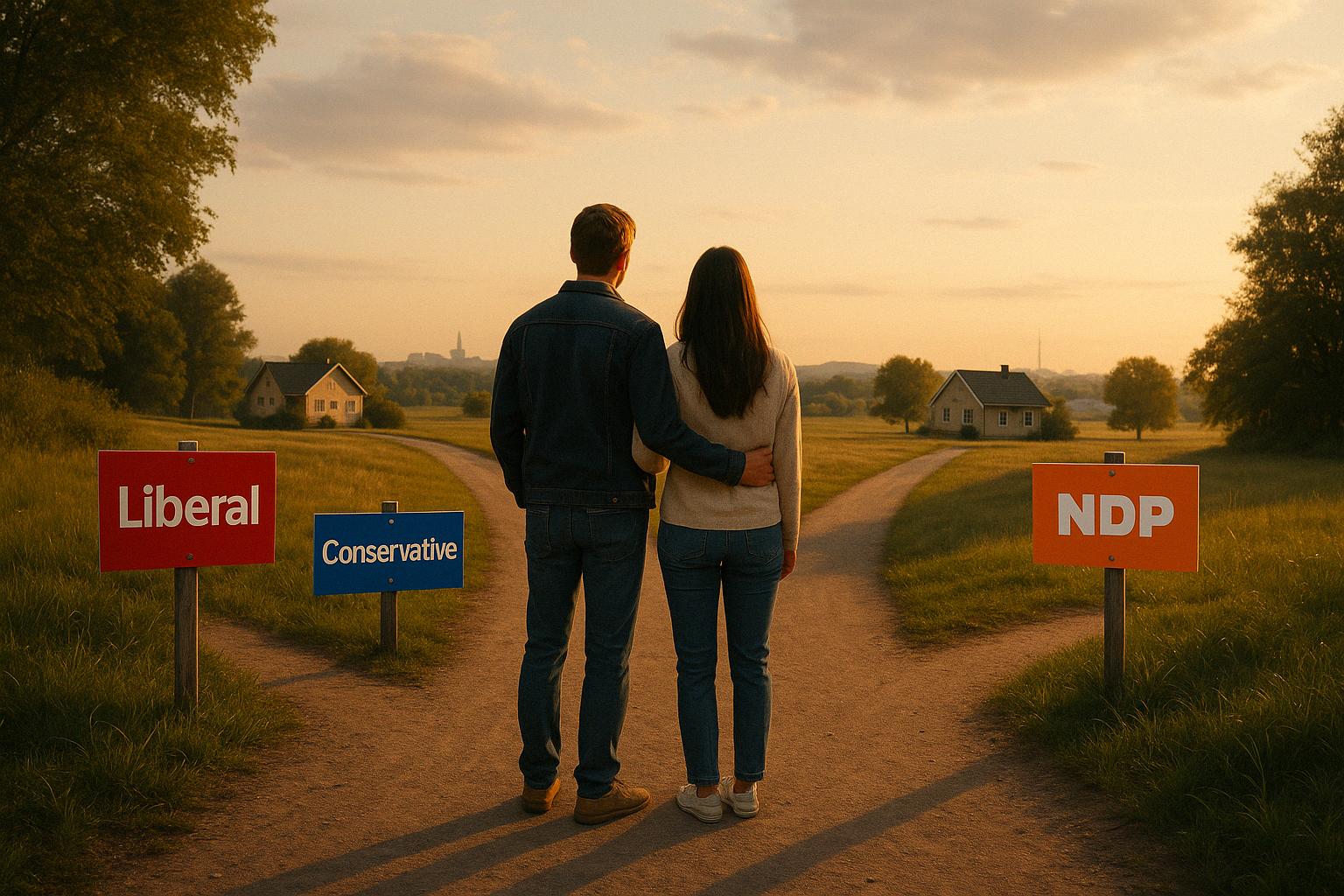 A young couple stands at a fork in the road, facing three paths marked Liberal, Conservative, and NDP signs, symbolizing housing choices for first-time buyers in the 2025 federal election.
