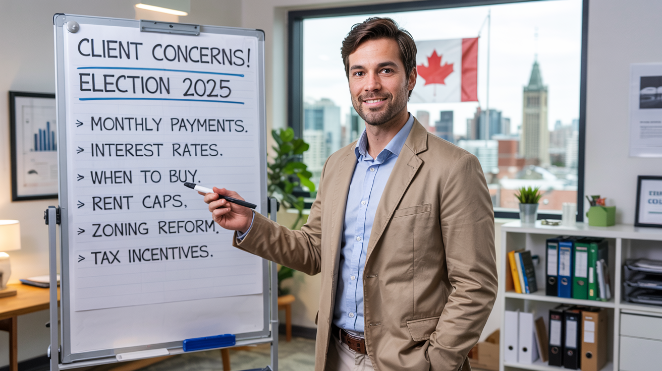 An agent with a white board behind him that lists the potential impacts the 2025 federal election could have on the housing market.