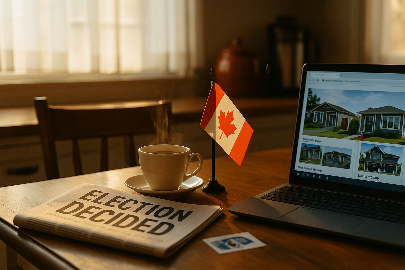 A warm kitchen scene the morning after the 2025 Federal Election, with a steaming coffee, a Canadian flag, a newspaper titled “Election Decided,” and a laptop displaying home listings—capturing a seller’s quiet moment of reflection.