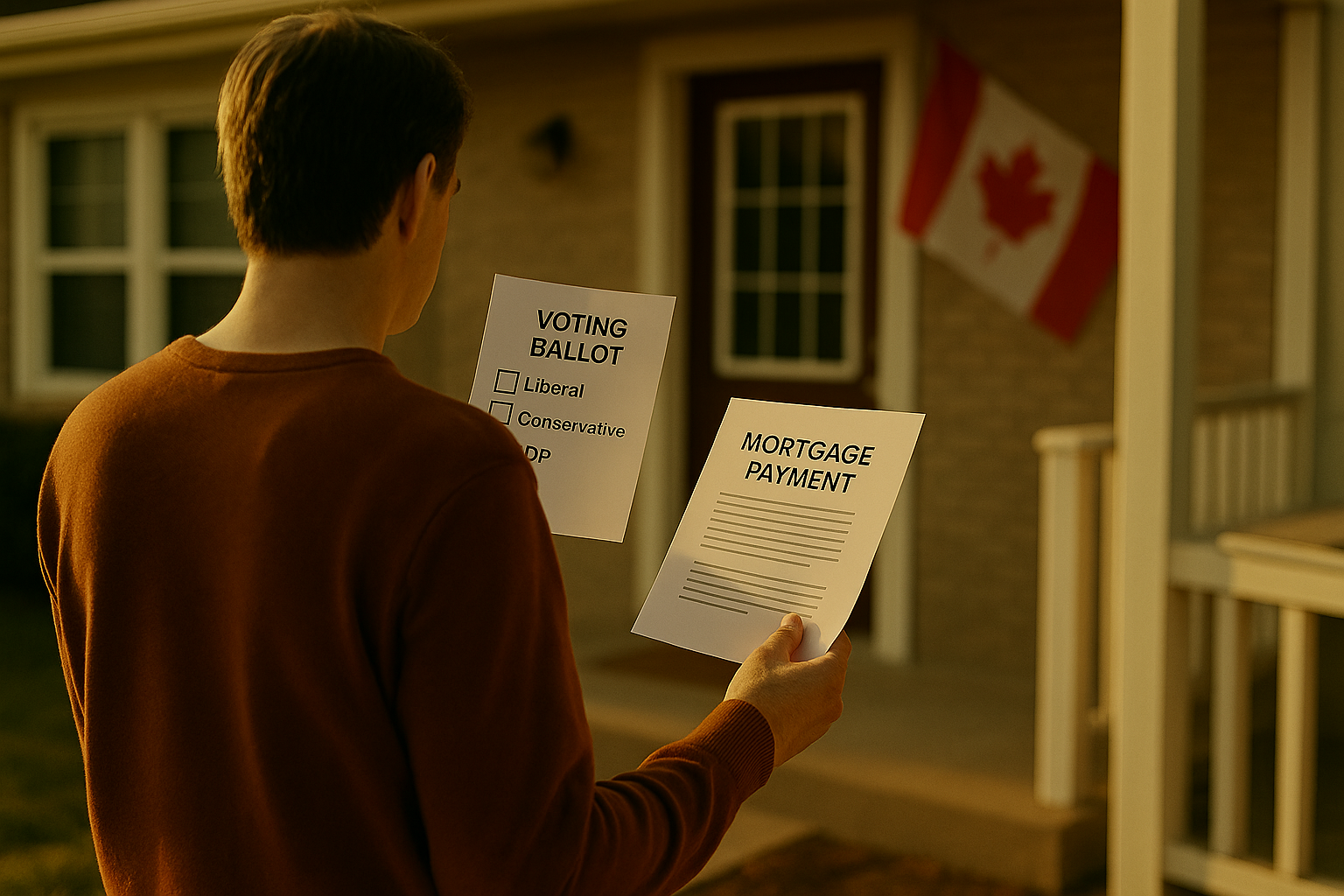 A Canadian homeowner holding a mortgage document while standing in front of a suburban house, symbolizing the impact of the 2025 Federal Election on mortgage payments and housing affordability.