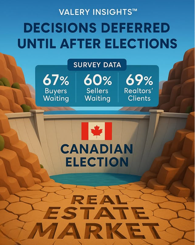 Infographic from Valery showing pre-2025 federal election survey data on housing decisions. It highlights that 67% of buyers, 60% of sellers, and 69% of realtors’ clients were waiting to act until after the 2025 federal election, illustrating how the Canadian election paused real estate market activity.