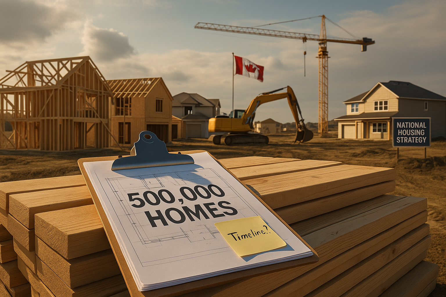 A cinematic image of a large Canadian housing construction site in early development, with blueprints labeled “500,000 Homes” resting on lumber in the foreground. A crane is paused mid-air, and a Canadian flag waves in the background, symbolizing housing ambitions following the 2025 federal election.