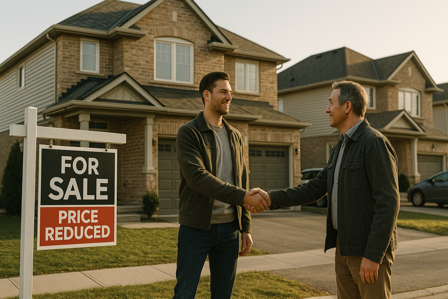 A homebuyer and seller shake hands outside a detached suburban house with a "For Sale" sign marked "Price Reduced." The scene is calm and optimistic, with soft morning light and quiet residential surroundings — reflecting a favorable moment in the GTA housing market.
