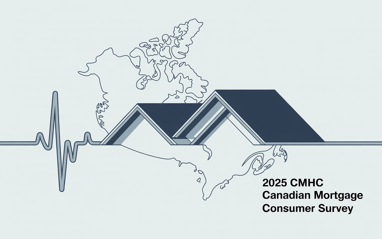 A modern vector illustration showing a stylized EKG heartbeat line morphing into a row of house rooftops, layered over a faint outline map of Canada. The visual symbolizes the financial and emotional pulse of Canadian homeownership and is labeled "2025 CMHC Canadian Mortgage Consumer Survey" in bold black text. The design uses cool tones and minimalist lines, reflecting key Canadian mortgage trends.