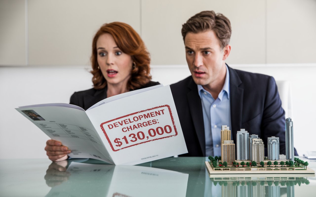 A shocked couple sitting at a real estate sales office, reading a brochure with a bold red stamp that reads “Development Charges: $130,000.” A model of a condo development is visible on the table. Visual representation of the sticker shock caused by rising Toronto Development Charges.