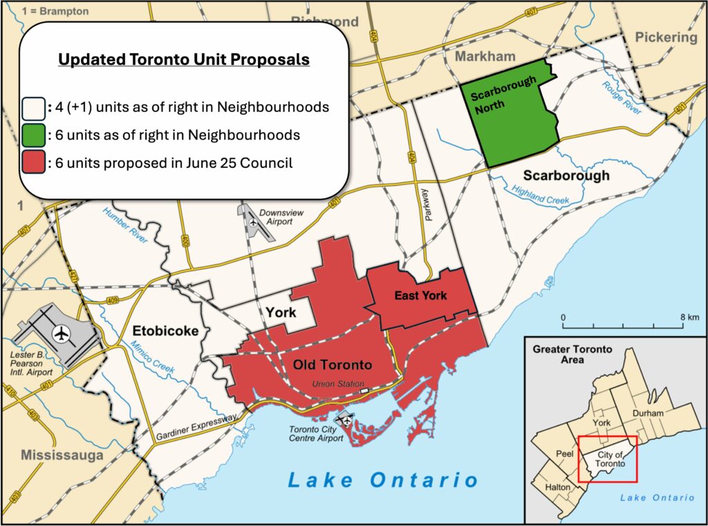 Map of Toronto showing updated Sixplex zoning approvals as of June 25, 2025. Highlights include approved sixplex zones in Old Toronto, East York, and Scarborough North, with remaining wards limited to 4 (+1) units unless they opt in later.