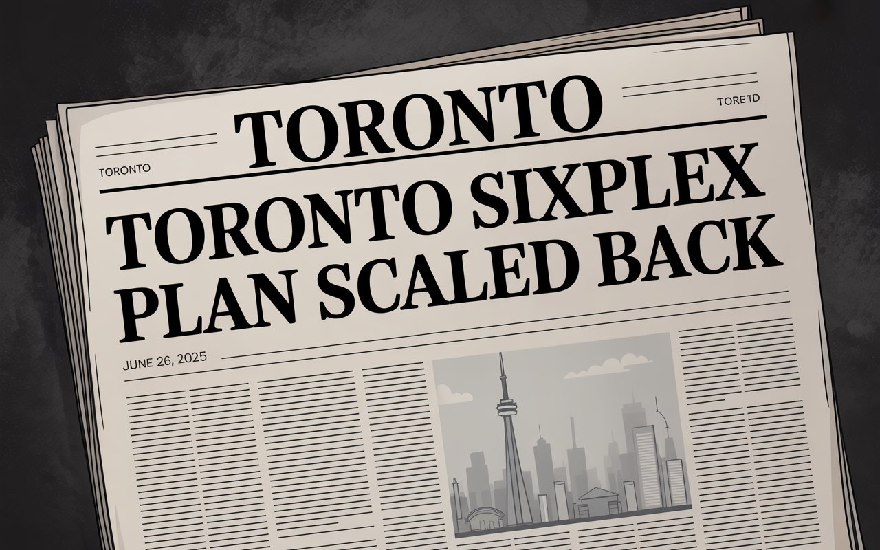 Stylized newspaper front page with bold headline “Toronto Sixplex Plan Scaled Back,” dated June 26, 2025. Includes city skyline graphic and article layout, symbolizing Toronto’s zoning decision on Sixplex housing.