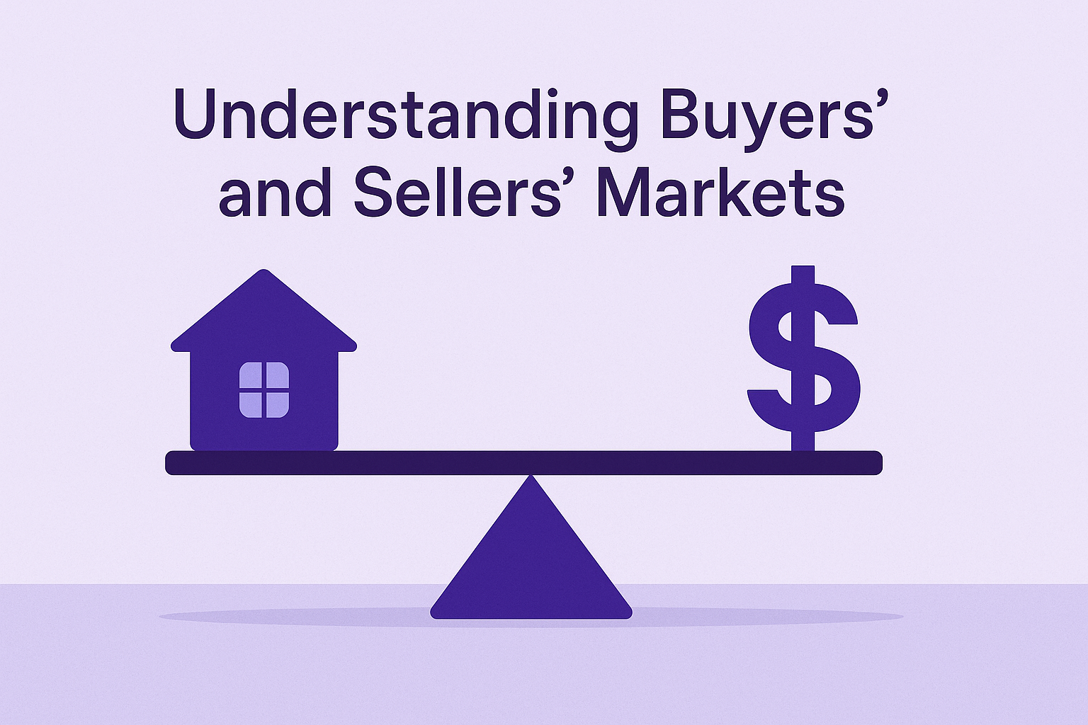 A flat-design illustration of a balanced see-saw with a house icon on one end and a dollar sign on the other, in Valery’s brand colors, captioned “Understanding Buyers’ and Sellers’ Markets.