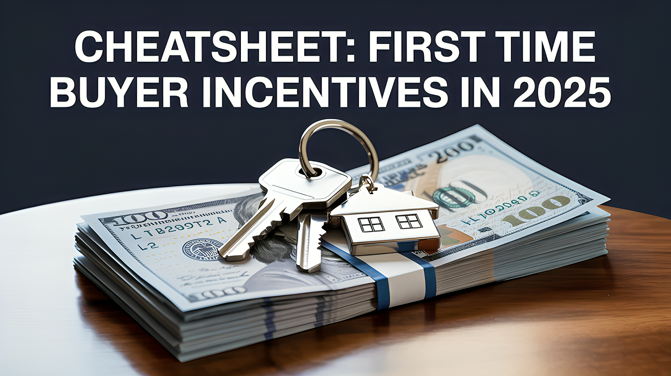 A stack of hundred-dollar bills with house keys and a house-shaped keychain resting on top, symbolizing financial support through first time home buyer rebate programs, with bold text reading “Cheatsheet: First Time Buyer Incentives in 2025.