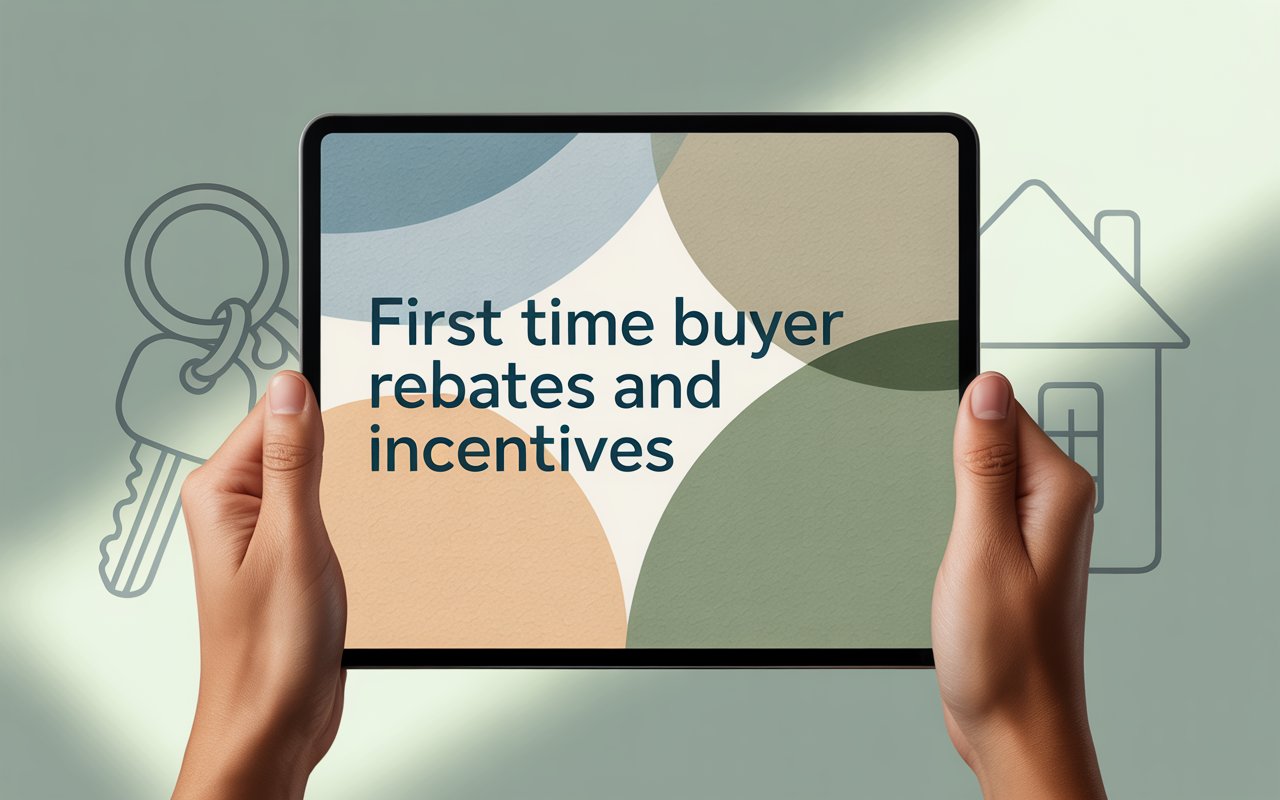 Hands holding a tablet displaying the text “First time home buyer rebates and incentives” with house and key icons in the background, representing savings programs for first-time buyers in Canada.