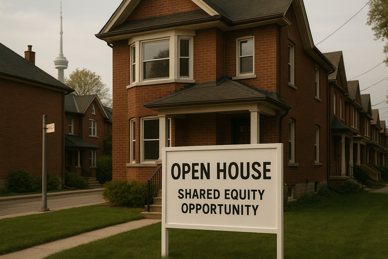 Toronto red-brick home with an open house sign reading “Shared Equity Opportunity,” symbolizing innovative homeownership models in Canada.