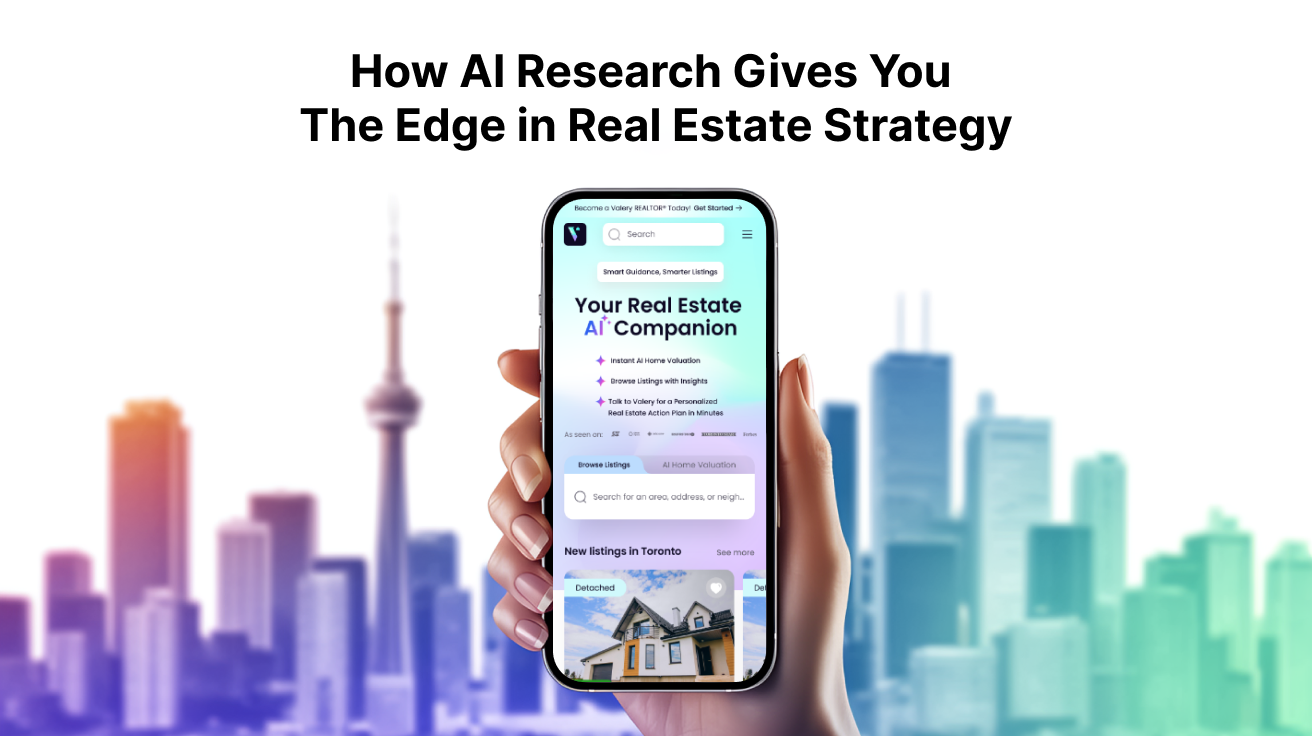 A hand holding a smartphone displaying a real estate AI companion app, with the Toronto skyline in the background and the headline “How AI Research Gives You the Edge in Real Estate Strategy” above.