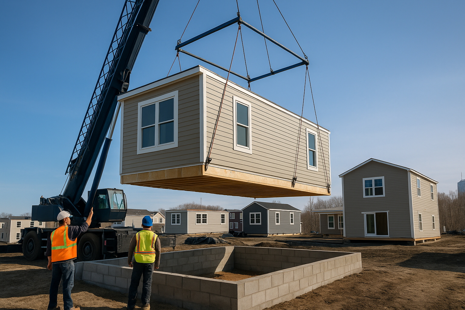 A modular housing unit being lowered into place by crane, guided by workers on site. The setup highlights the speed, precision, and efficiency of modular housing construction.
