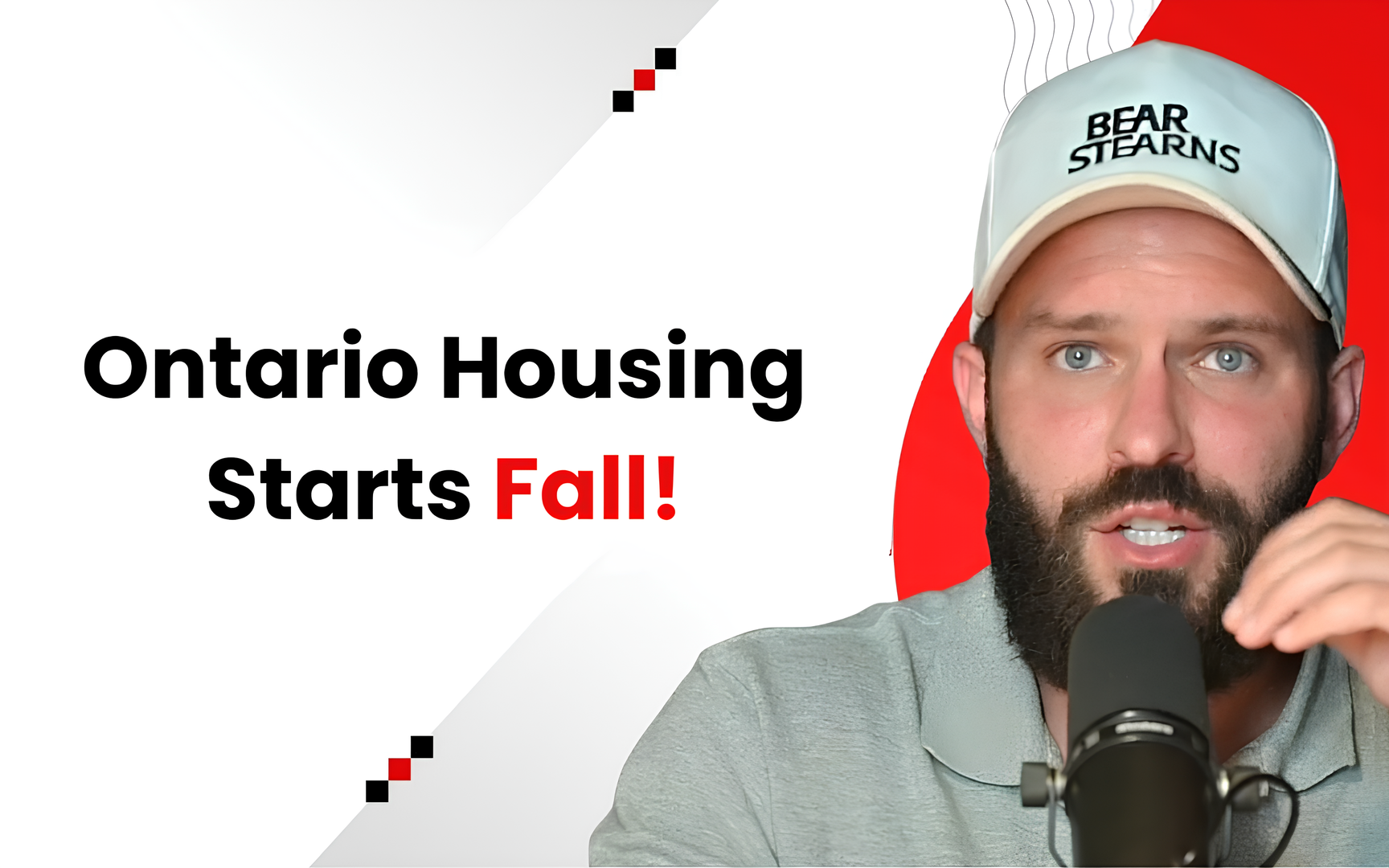 Featured image with text “Ontario Housing Starts Fall!” showing Daniel Foch speaking into a microphone. Visual used to highlight the collapse of Ontario housing starts.
