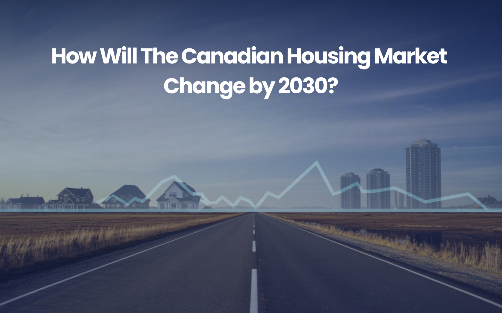 Canadian housing market outlook to 2030 illustrated by a flat plateau horizon with suburban homes and condos along a road, symbolizing stable but limited growth.