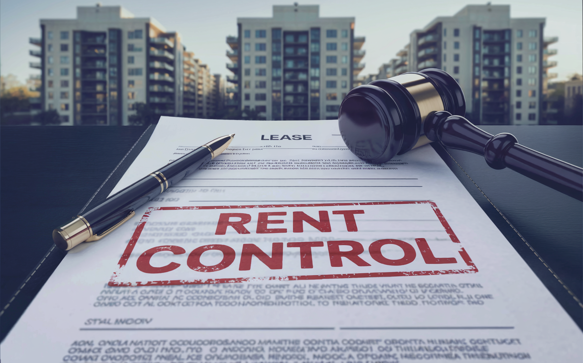 Close-up of a rental lease stamped with “Rent Control Ontario,” with a pen and gavel on the document and blurred apartment buildings in the background, symbolising housing policy and tenant protections.