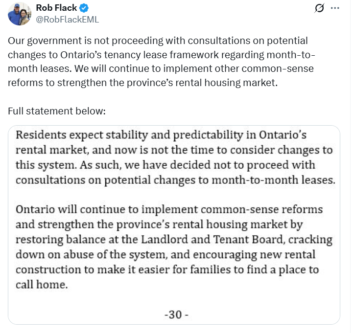 Screenshot of Ontario Housing Minister Rob Flack’s statement on X, confirming the government will not proceed with consultations on changes to month-to-month leases, reaffirming stability in Ontario Rent Control.
