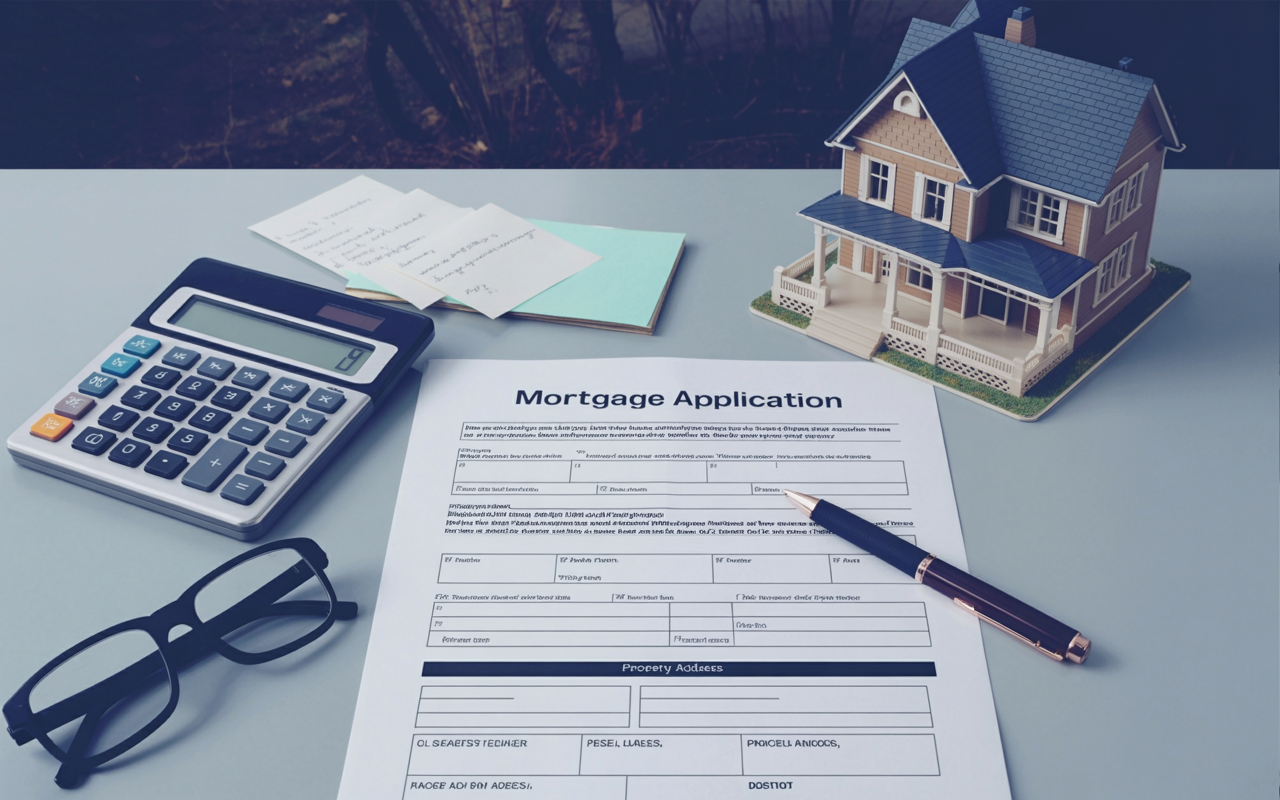 Mortgage application form on a desk with calculator, glasses, pen, and model house, symbolizing OSFI rental property mortgage guideline revision in Canada.
