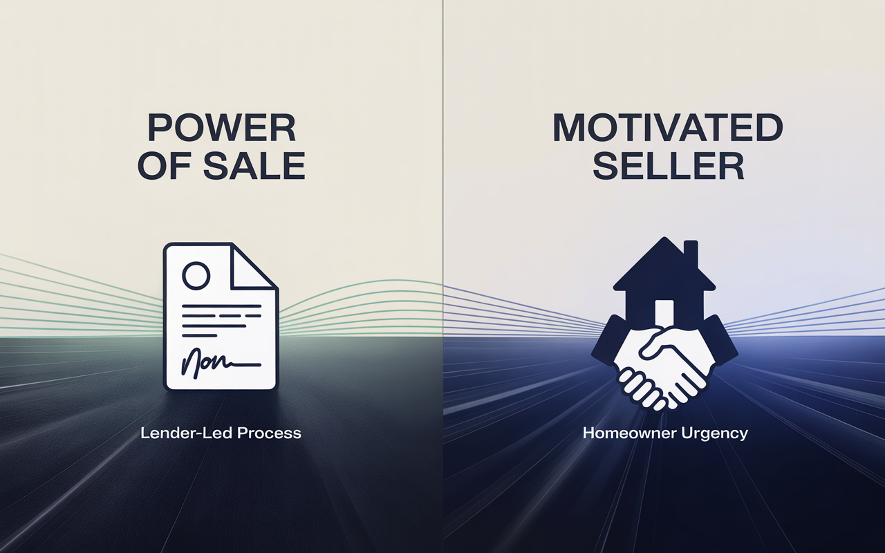 Hero image comparing Power of Sale and Motivated Seller in Canadian real estate, showing Power of Sale as a lender-led process and Motivated Seller as homeowner urgency.