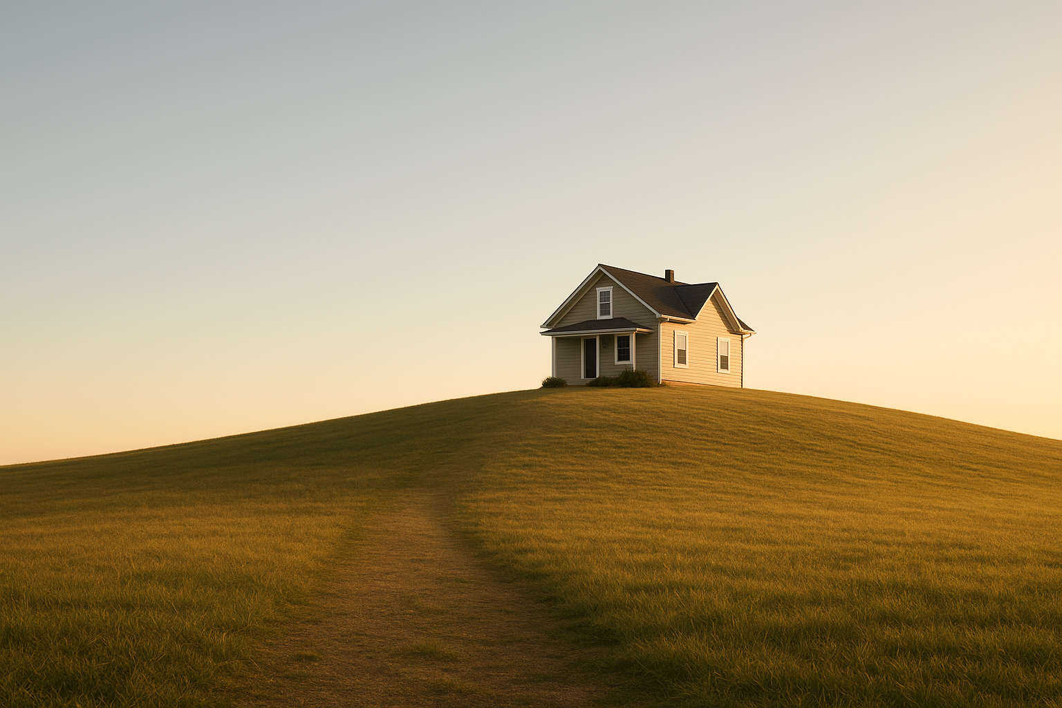 A modest single-story house sits high atop a long, gently sloped grassy hill, viewed from below, symbolizing rising housing affordability barriers under warm early-morning or late-afternoon light.