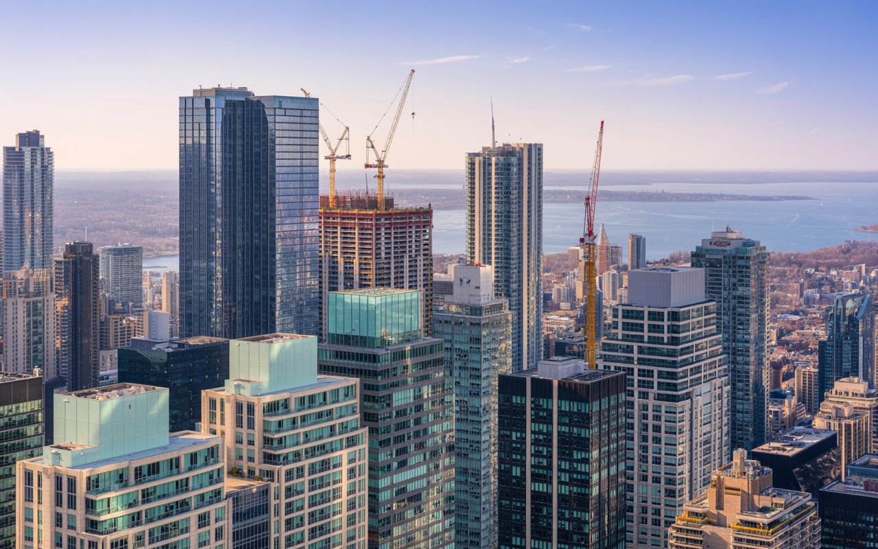 Aerial view of a Canadian city skyline with construction cranes symbolizing new housing and infrastructure growth under Budget 2025.