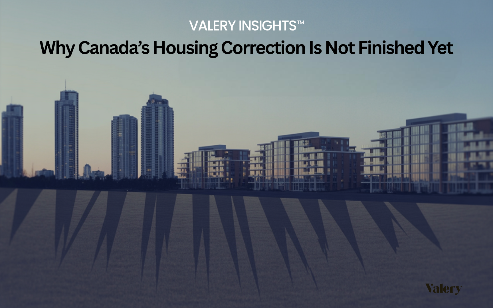 A calm Canadian skyline at dusk with long, dark shadows stretching downward, symbolising hidden pressures beneath the surface of the housing market during a late-stage housing correction.