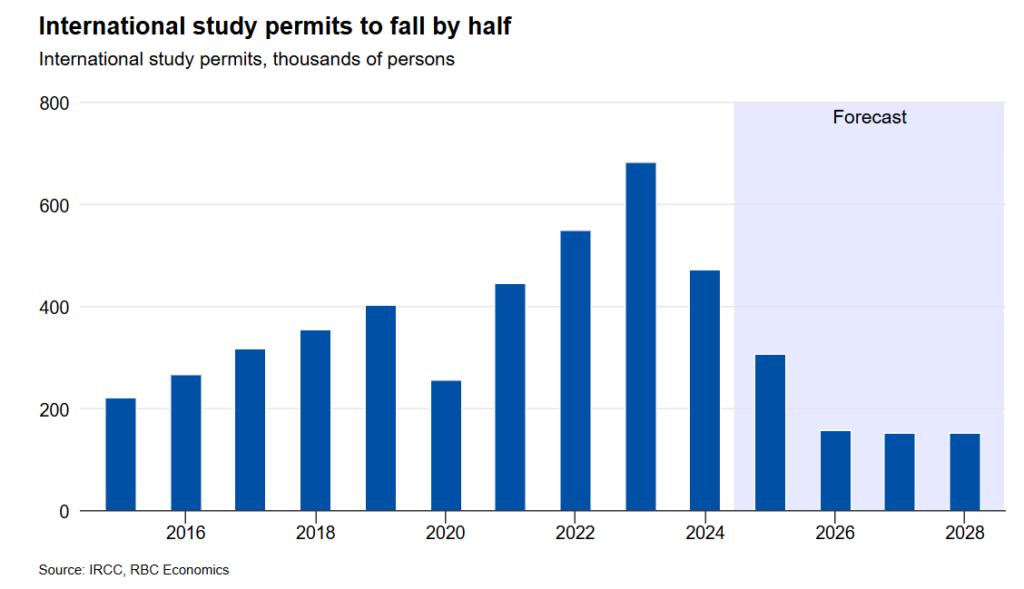 Bar chart showing national study permit approvals for International Students from 2016 to 2024 with a projected decline to 2028 under federal caps.