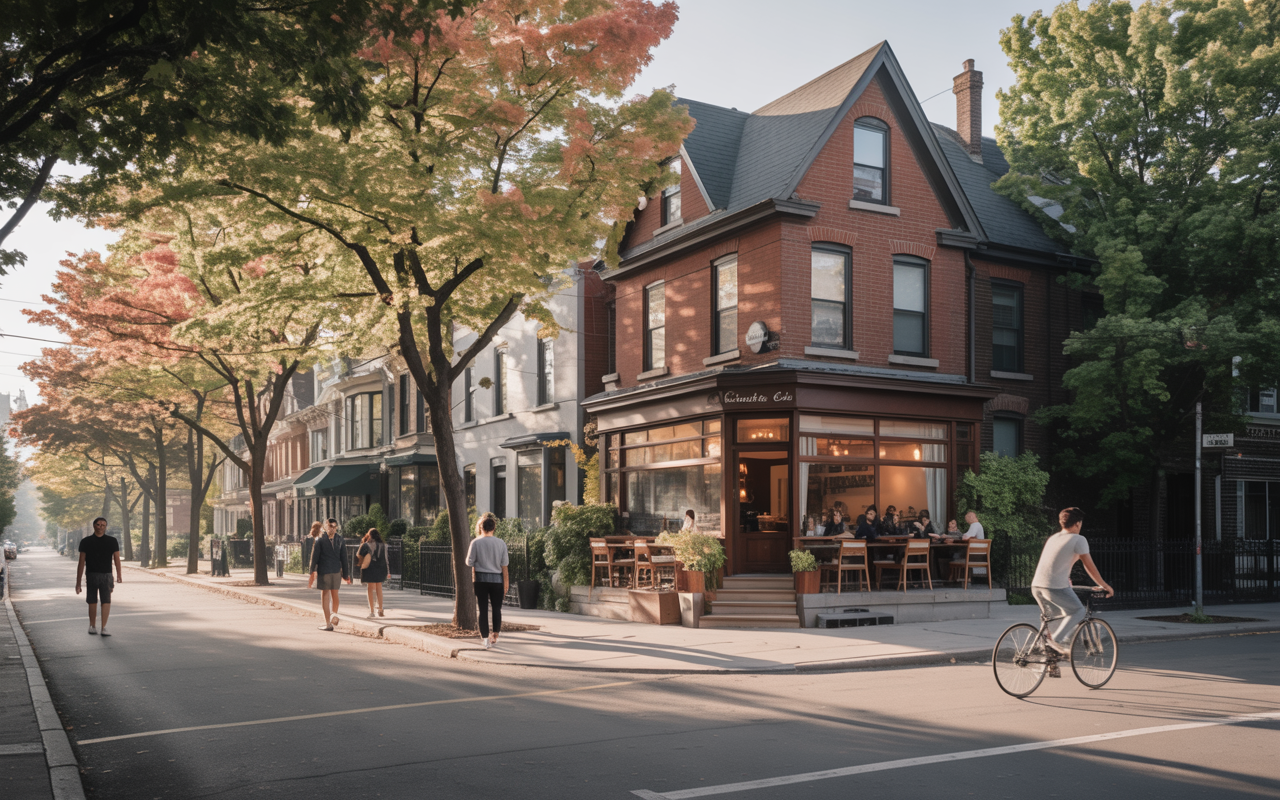 A small café on a quiet Toronto residential corner with people walking by, showing how neighbourhood retail fits naturally into low rise streets and supports local community life.