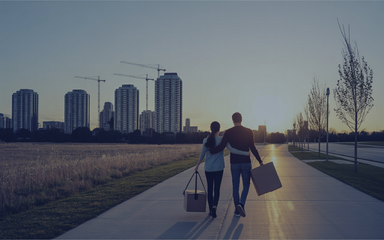 A couple walks toward a growing Canadian skyline at sunrise, representing how immigration has shaped Canada’s housing market and the new chapter of balance emerging as growth slows.